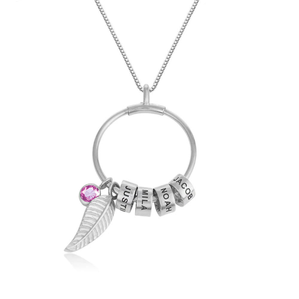 Personalisierte Namenskette mit Geburtsstein Engelsflügel Herz – Ringanhänger mit Namensperlen, Geschenk für Mama Oma & Sie