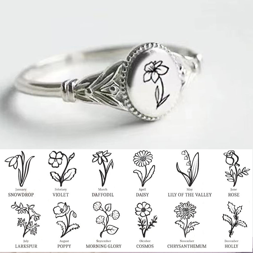Personalisierter 925 Silber Ring mit Gravur – Sonnenblume mit Foto, Geburtsblume oder Name
