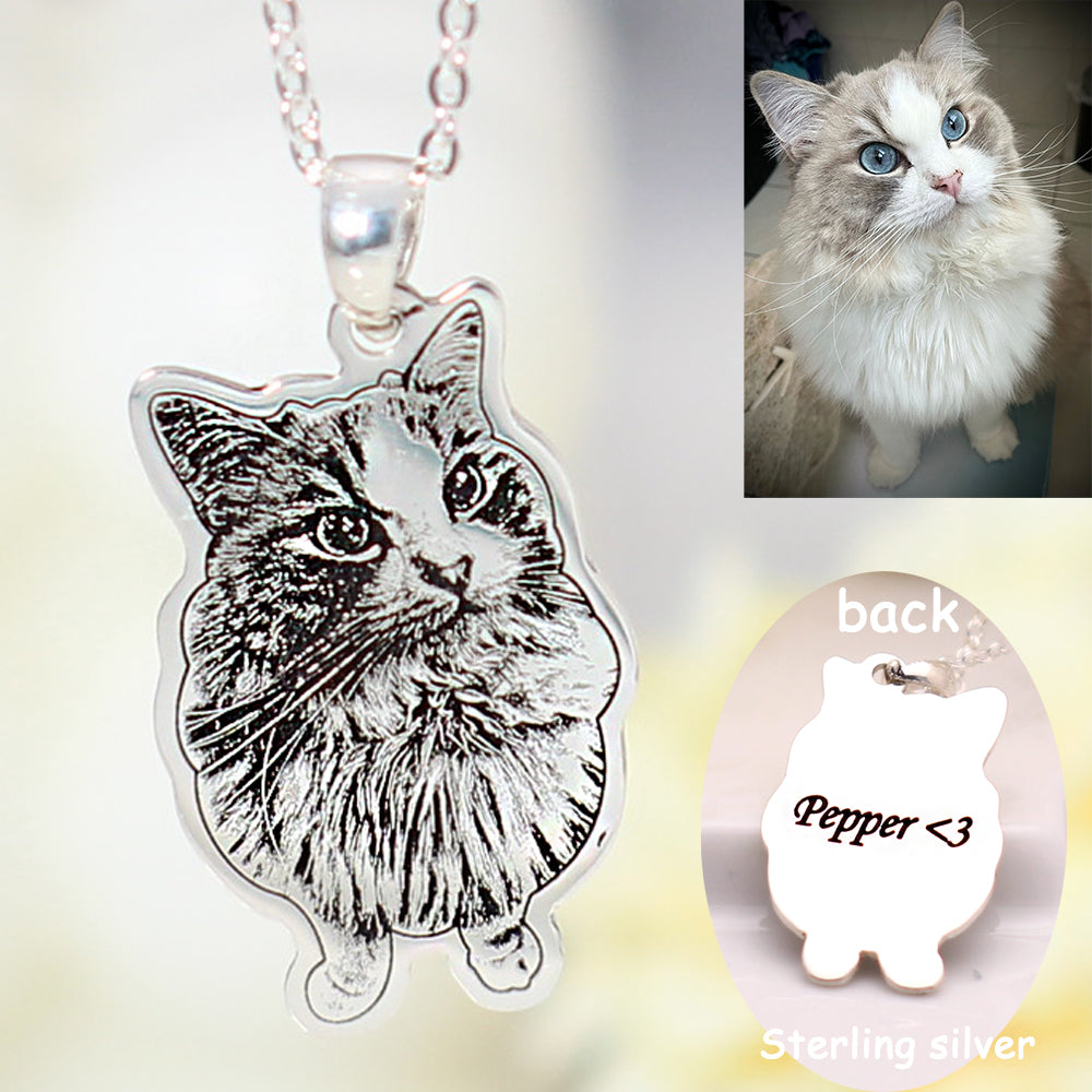 925 Sterling Silber Personalisierte Skizzen-Halskette – Gravur von Haustier, Person oder Symbol, mit Text & Geschenkbox