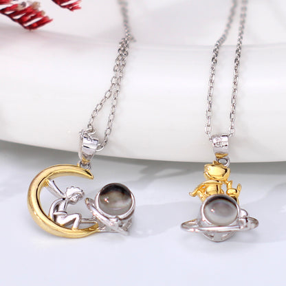 925 Silber Paar Kette mit Bild im Stein - Kleine Prinz & Fuchs Weltraumreise, Personalisierte Geschenk für Paare & BFF