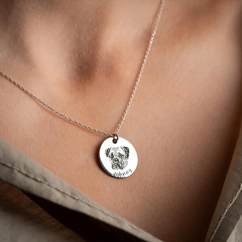 Personalisierte 925 Silber Münzhalskette mit Bild - Skizze Gravur Foto Haustier Kinderzeichnung Fingerabdruck & Name