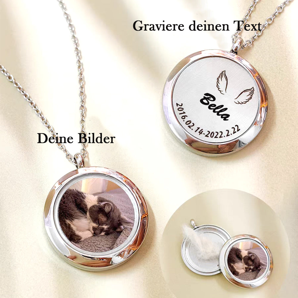 Personalisierter Hochglanz-Edelstahl-Gedenkschmuck – Rundanhänger mit Glas und Haustierfoto, mit Haaraufbewahrung