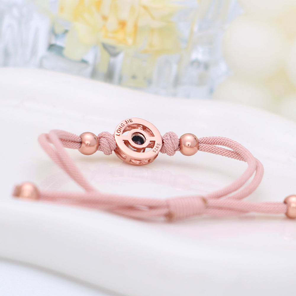 925 Silber Personalisierte Paar Armbänder mit Bild im Stein - Kreis mit Gravur 'LOVE', Romantisches Geschenk für Paare & Freunde