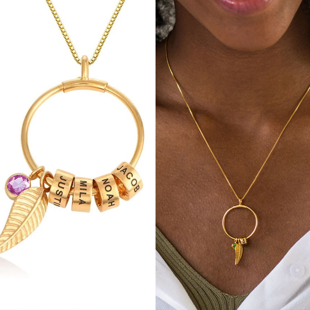 Personalisierte Namenskette mit Geburtsstein Engelsflügel Herz – Ringanhänger mit Namensperlen, Geschenk für Mama Oma & Sie
