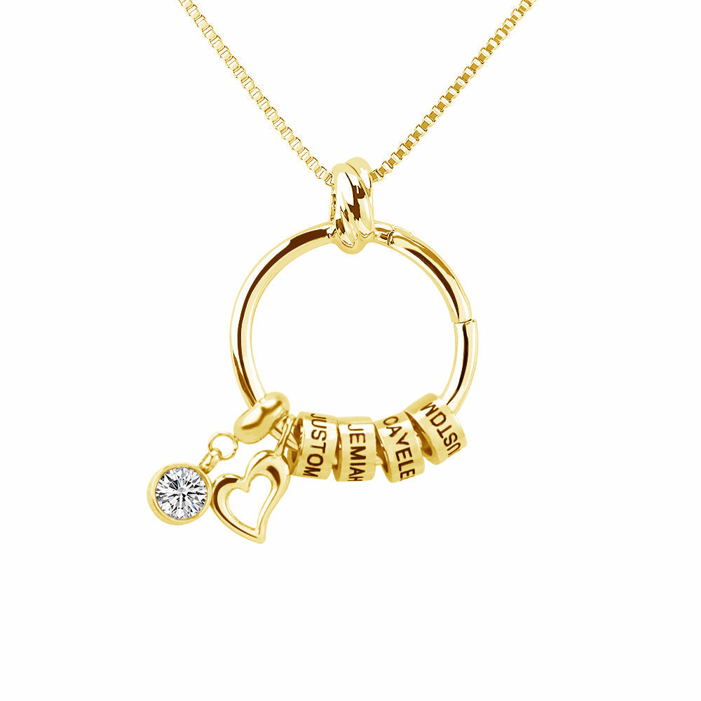 Personalisierte Namenskette mit Geburtsstein Engelsflügel Herz – Ringanhänger mit Namensperlen, Geschenk für Mama Oma & Sie