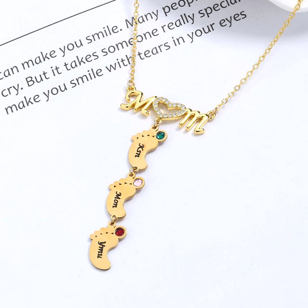 Personalisierte Namenskette mit Geburtsstein MOM & Babyfuß Anhänger– Perfekte Geschenk für Mom Oma Sie