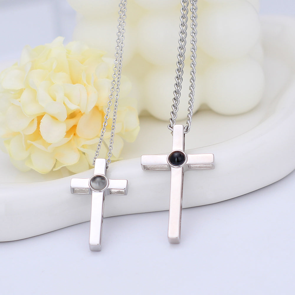 Personalisierte Sterling silver Kreuz Kette mit Foto Projektion[Bonus schwarzen Lederkette]