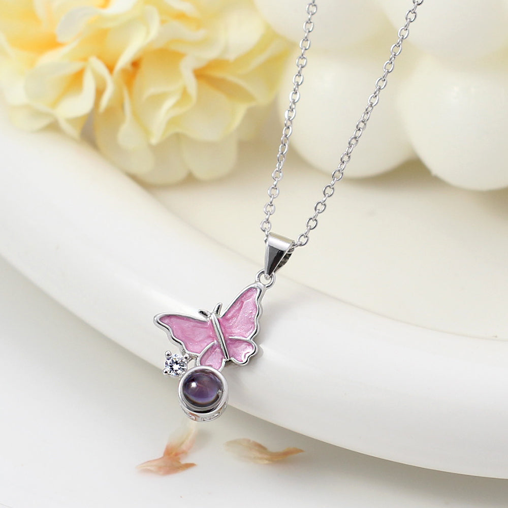 Personalisierte  Projektion Kette mit Foto drin im Stein - Emaille Schmetterling