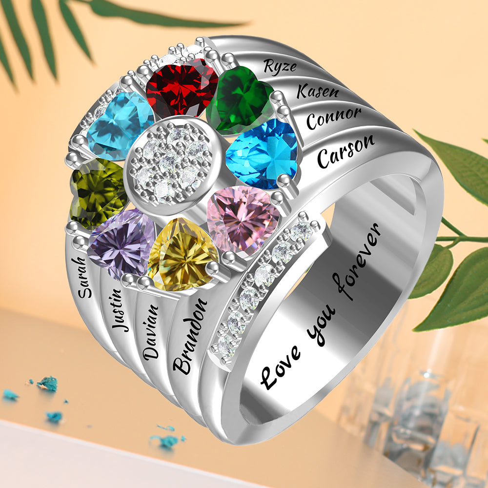 Personalisierter Geburtsstein Ring mit Gravur - Herz Blumen Kleeblatt, Heiratsantrag Freundschaftsring Familienring, Muttertag Geburtstagsgeschenk