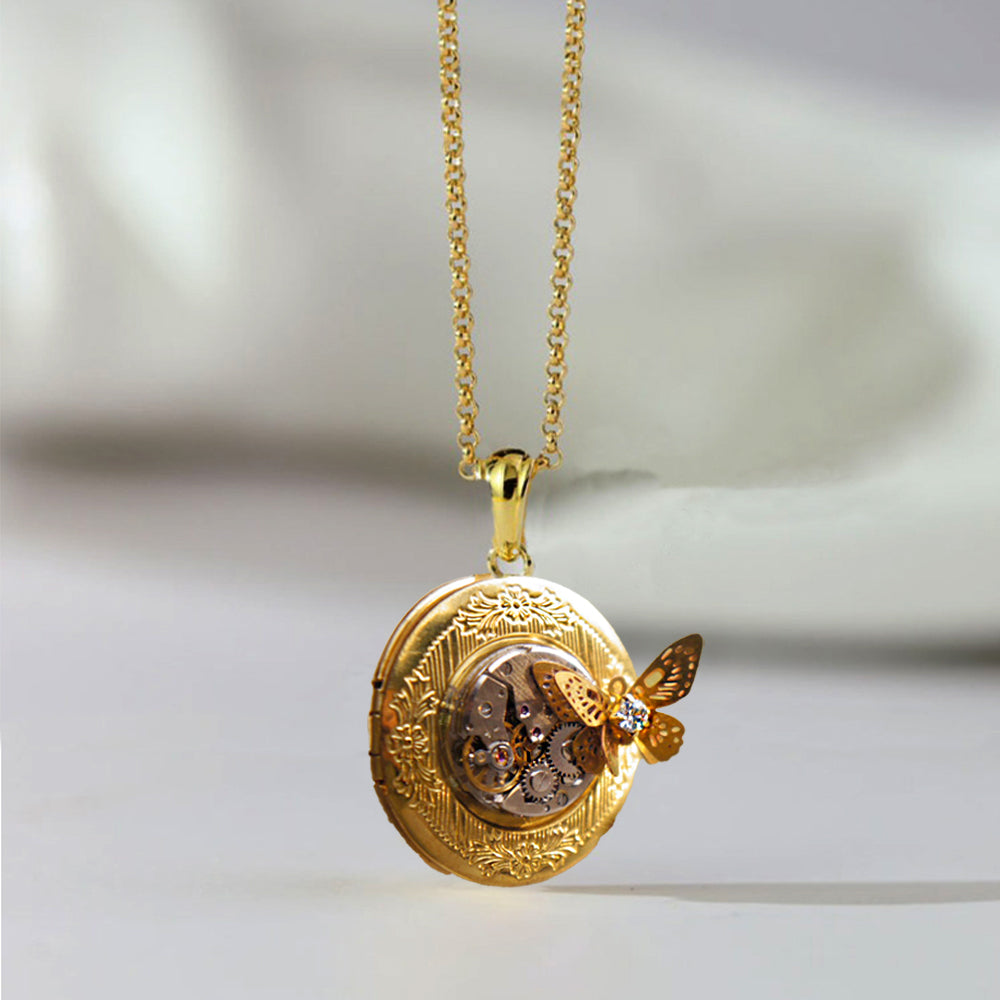 Personalisierte Foto Medaillon Kette – 3D Schmetterling Anhänger mit Sichtbarem Uhrenmechanismus, Punk Kreativer Gedenkschmuck Geschenk