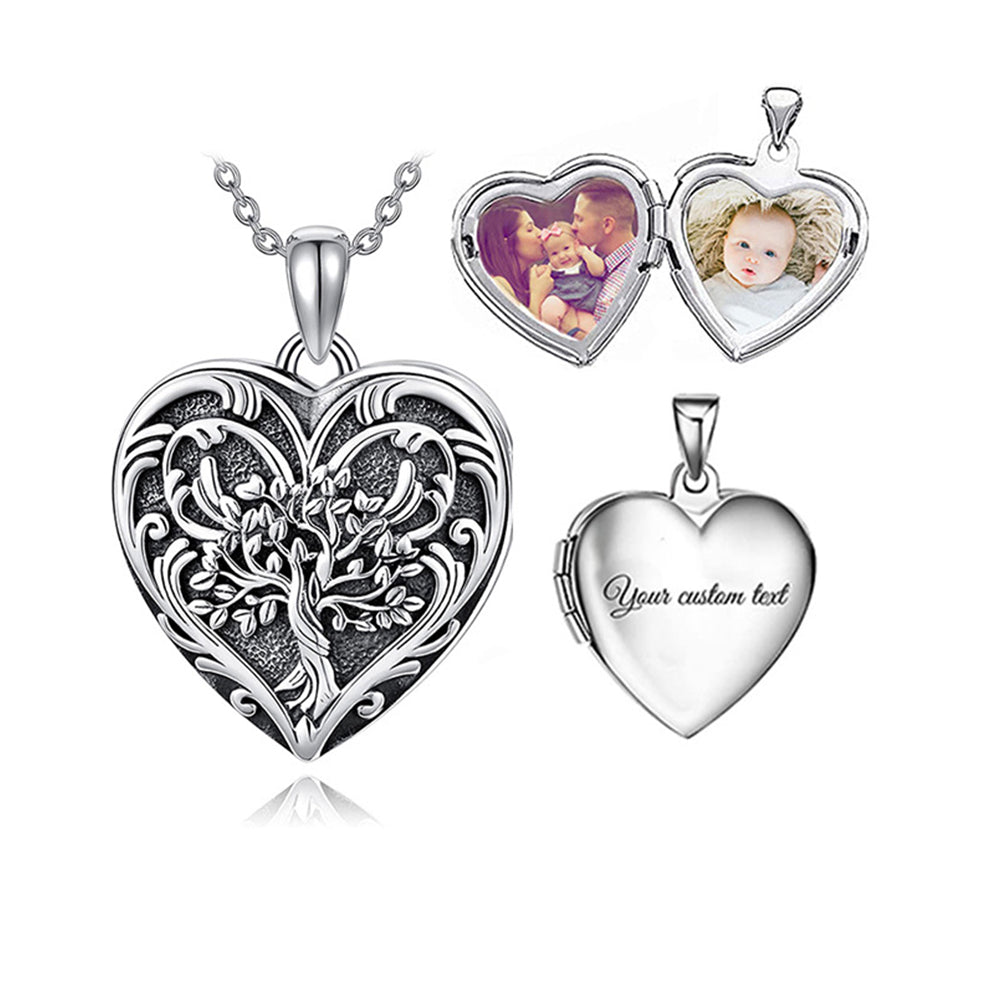 Personalisierte 925 Silber Medaillon Kette mit Foto & Wort -öffnbarer Herz Anhänger mit Lebensbaum,Perfektes Geschenk für Freundin Ehefrau Mutter