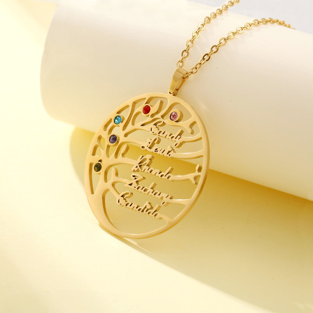 Personalisierte Geburtssteinkette mit Namensgravur – Lebensbaum im Kreis, Perfektes Geschenk für Mama und Oma