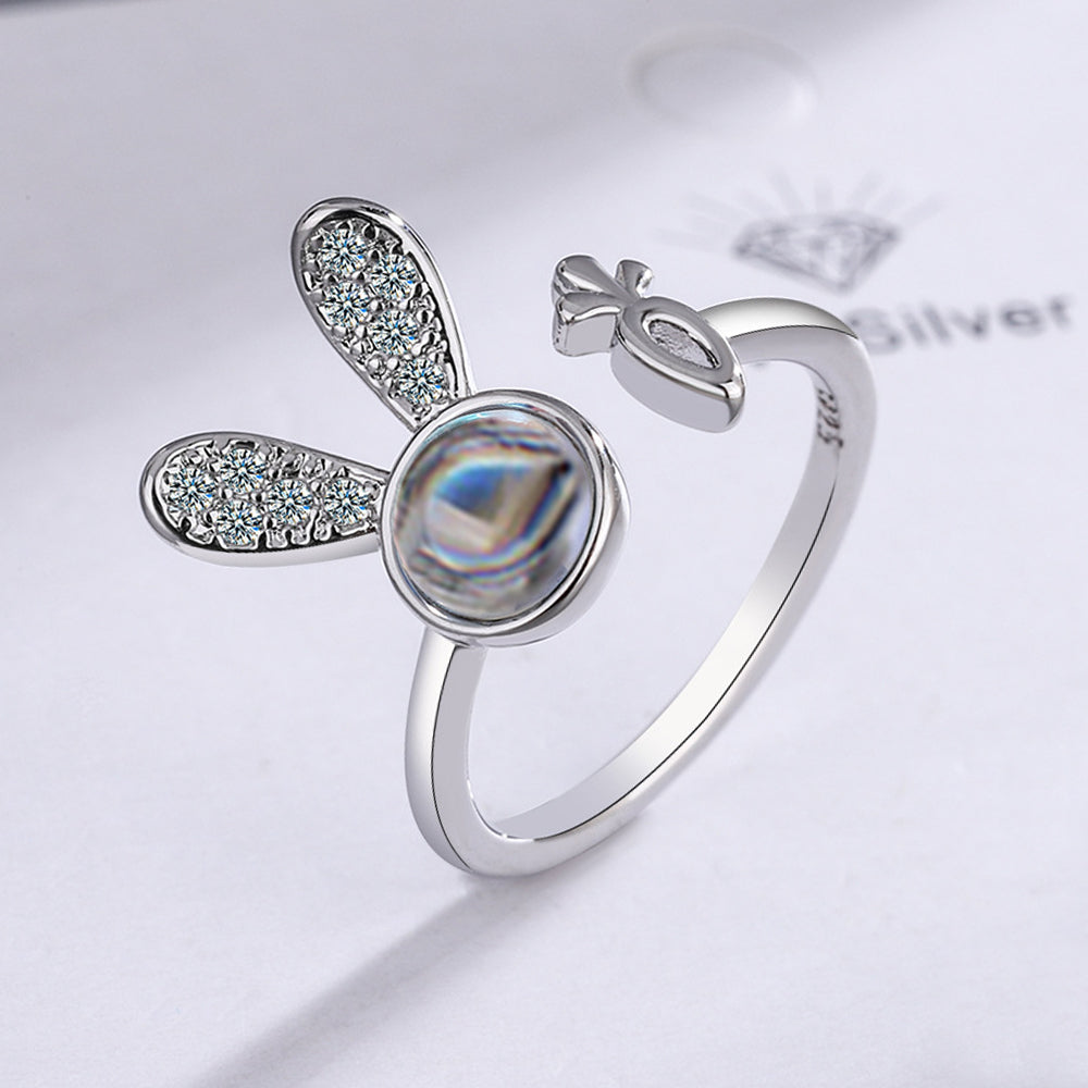 925 Silber Kaninchen Karotte Offener Ring mit Bild im Stein– Fotoprojektion Schmuck Perfekte Geschenk für Sie