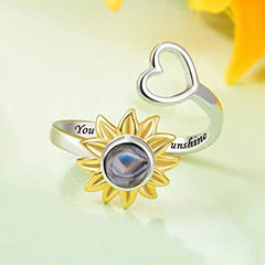 925 Silber Sonnenblumen-Sonnen Herz Fotoprojektion Ring mit Bild im Stein– Perfekte Geschenk für Sie