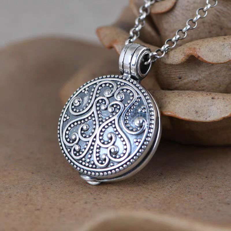 Personalisierte 925 Silber Vintage Muster Rund Foto Medaillon Kette -  Gedenkschmuck Geschenk für Frauen und Männer