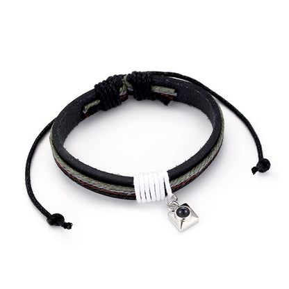 Personalisiertes Projektions Leder Armband mit Foto - 925Silber Quadratischer Anhänger