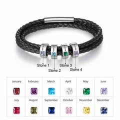Personalisierte Multitour Geflochtenes Leder Armband mit Gravur & Geburtsstein - Optional Mehrere Namen, Geschenk für Männer
