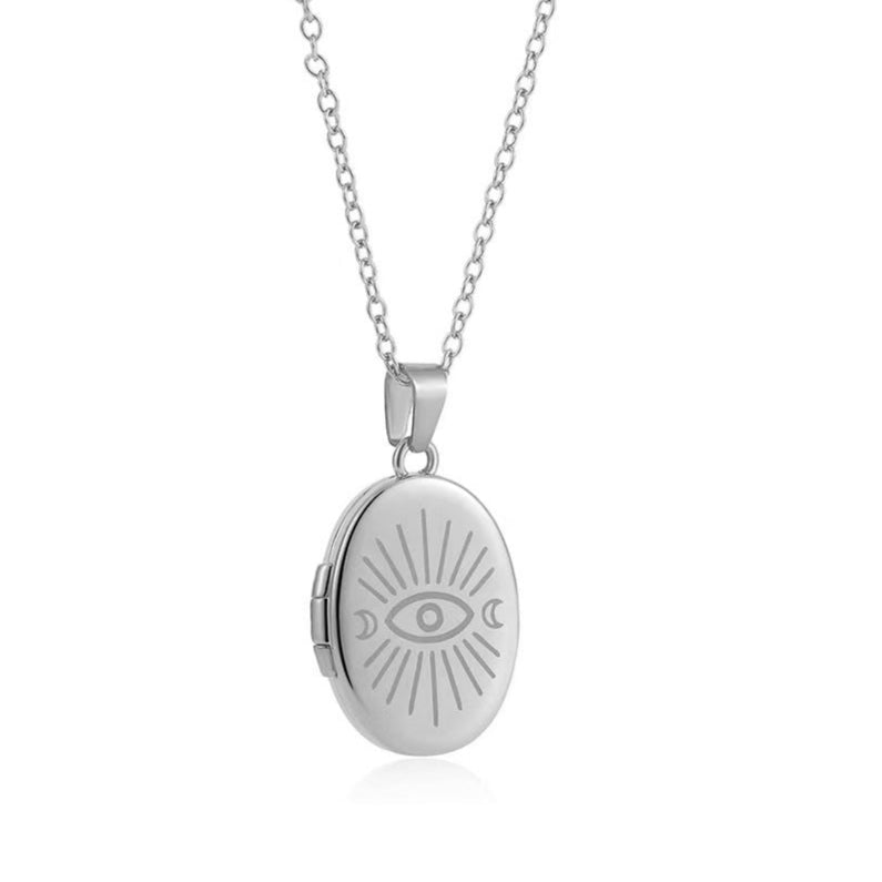 Vergoldete Ovale Foto Medaillon Halskette mit Sonne Mond Böser Blick - Personalisierte Fotos & Text,Erinnerung Schmuck Geschenk für Sie