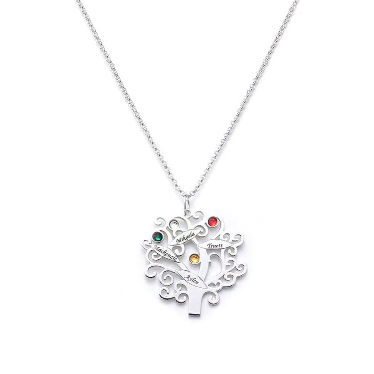 Personalisierte Lebensbaum Namenskette mit Geburtssteinen – 925 Silber, Geschenk für Mama, Oma oder Teammitglieder