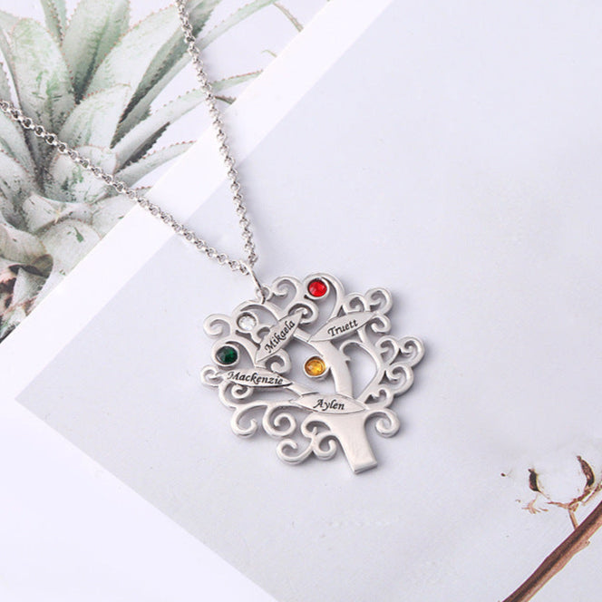 Personalisierte Lebensbaum Namenskette mit Geburtssteinen – 925 Silber, Geschenk für Mama, Oma oder Teammitglieder