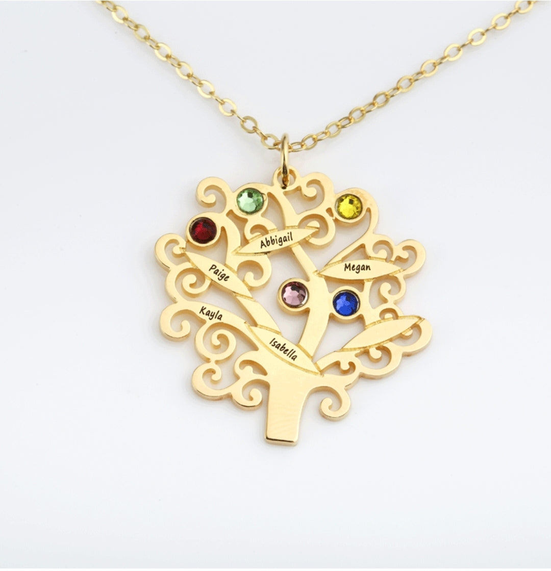 Personalisierte Lebensbaum Namenskette mit Geburtssteinen – 925 Silber, Geschenk für Mama, Oma oder Teammitglieder