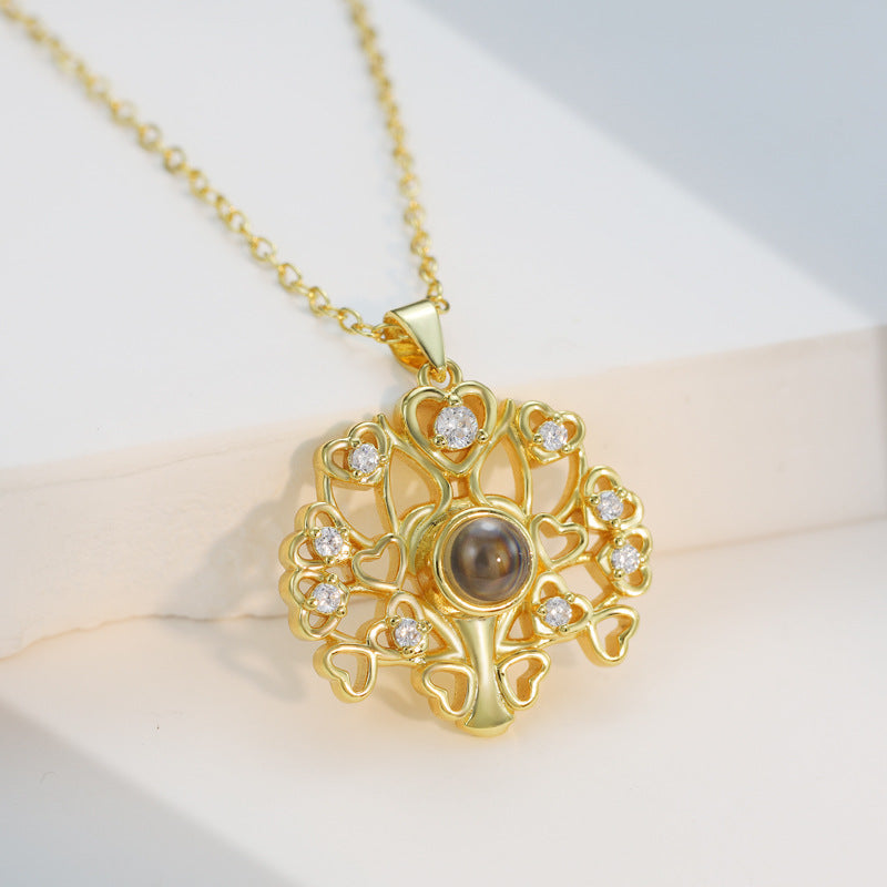 Personalisierte Projektions Kette mit Bild drin – Lebensbaum mit Herzen & Zirkonia, 925 Silber Geschenk für Sie
