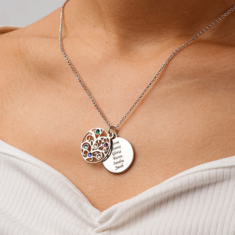 Personalisierte Geburtssteinkette mit Namensgravur –Lebensbaum im Kreis & Namensmedaillon, Perfektes Geschenk für Mama Oma
