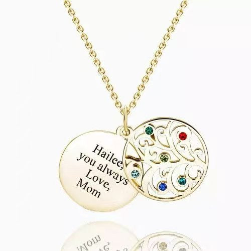 Personalisierte Geburtssteinkette mit Namensgravur –Lebensbaum im Kreis & Namensmedaillon, Perfektes Geschenk für Mama Oma