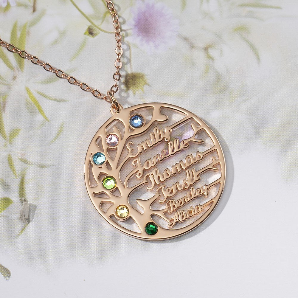 Personalisierte Geburtssteinkette mit Namensgravur – Lebensbaum im Kreis, Perfektes Geschenk für Mama und Oma