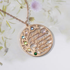 Personalisierte Geburtssteinkette mit Namensgravur – Lebensbaum im Kreis, Perfektes Geschenk für Mama und Oma