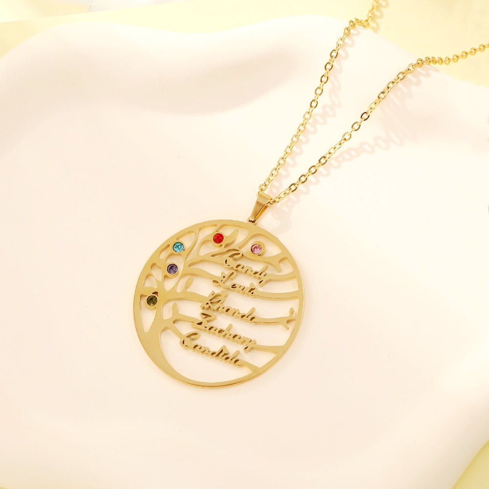 Personalisierte Geburtssteinkette mit Namensgravur – Lebensbaum im Kreis, Perfektes Geschenk für Mama und Oma
