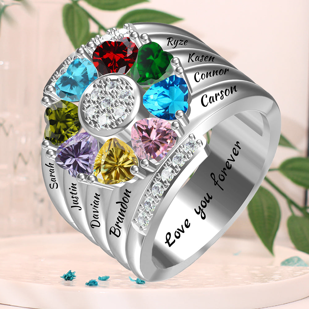 Personalisierter Geburtsstein Ring mit Gravur - Herz Blumen Kleeblatt, Heiratsantrag Freundschaftsring Familienring, Muttertag Geburtstagsgeschenk