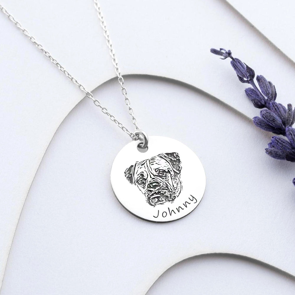 Personalisierte 925 Silber Münzhalskette mit Bild - Skizze Gravur Foto Haustier Kinderzeichnung Fingerabdruck & Name