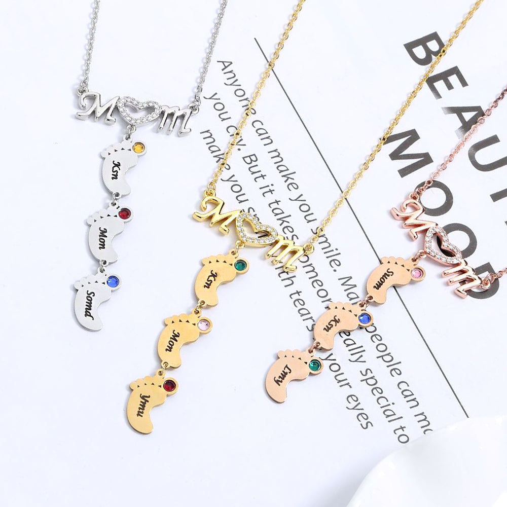 Personalisierte Namenskette mit Geburtsstein MOM & Babyfuß Anhänger– Perfekte Geschenk für Mom Oma Sie