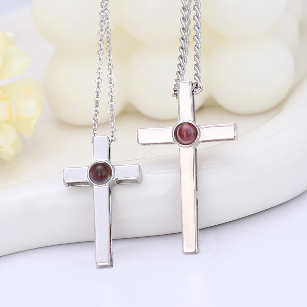 Personalisierte Sterling silver Kreuz Kette mit Foto Projektion[Bonus schwarzen Lederkette]