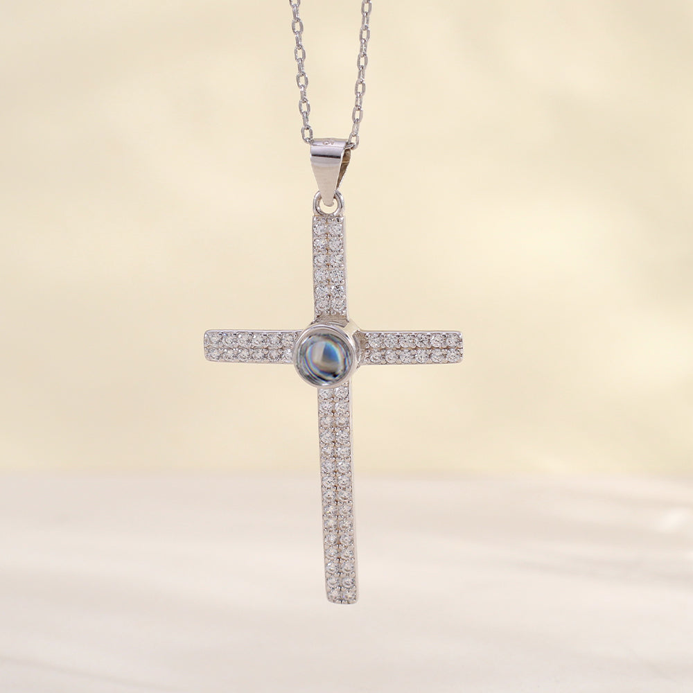 Personalisierte Silber Luxuriöse Glitzer Kreuz Kette mit Bild im Stein – Funkelndes Kreuz mit Foto Projektion
