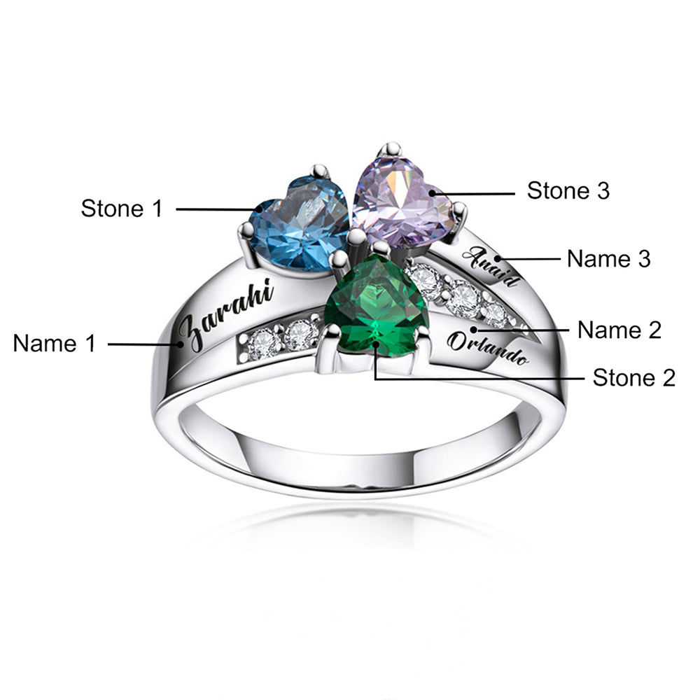 Personalisierter Geburtsstein Ring mit Gravur - Herz Blumen Kleeblatt, Heiratsantrag Freundschaftsring Familienring, Muttertag Geburtstagsgeschenk