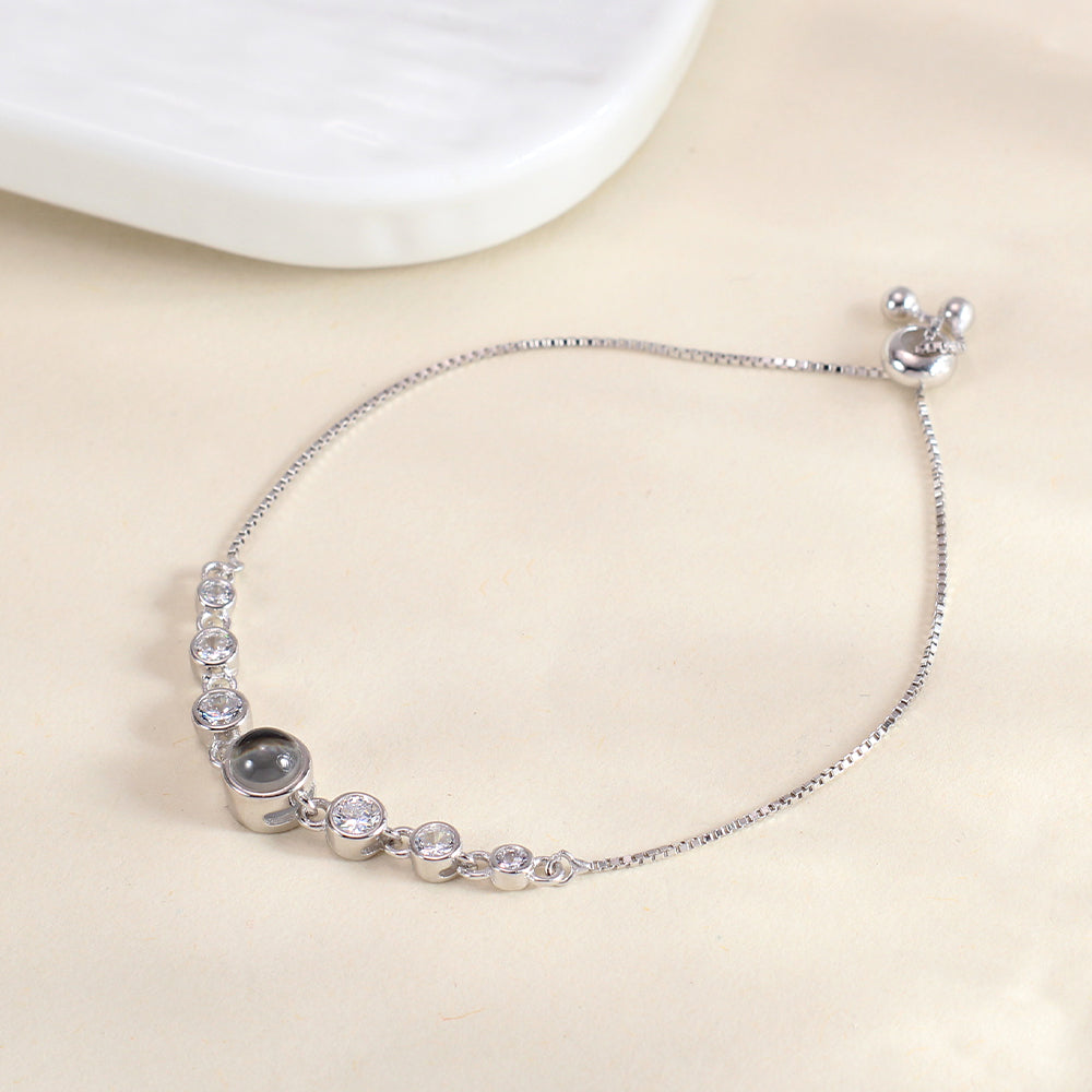 925 Silber Personalisierte Verstellbares Box-Kette Zirkonia Armband mit Bild im Stein  – Perfekte Feines Foto Geschenk für Sie