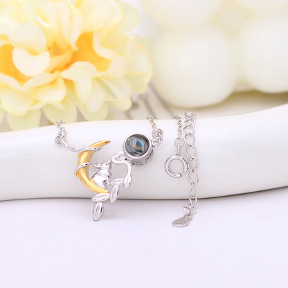 925 Silber Personalisierte Foto Kette mit Projektion - Eleganter Klassiker Kaninchen und Mond Anhänger mit Foto, Perfektes Geschenk für Mama, Freundin oder Ehefrau