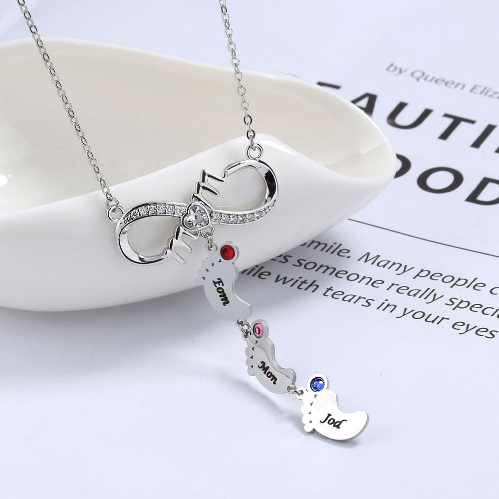 Personalisierte Namenskette mit Geburtsstein Unendlich Zeichen & Babyfuß Anhänger– Perfekte Geschenk für Mom Oma Sie