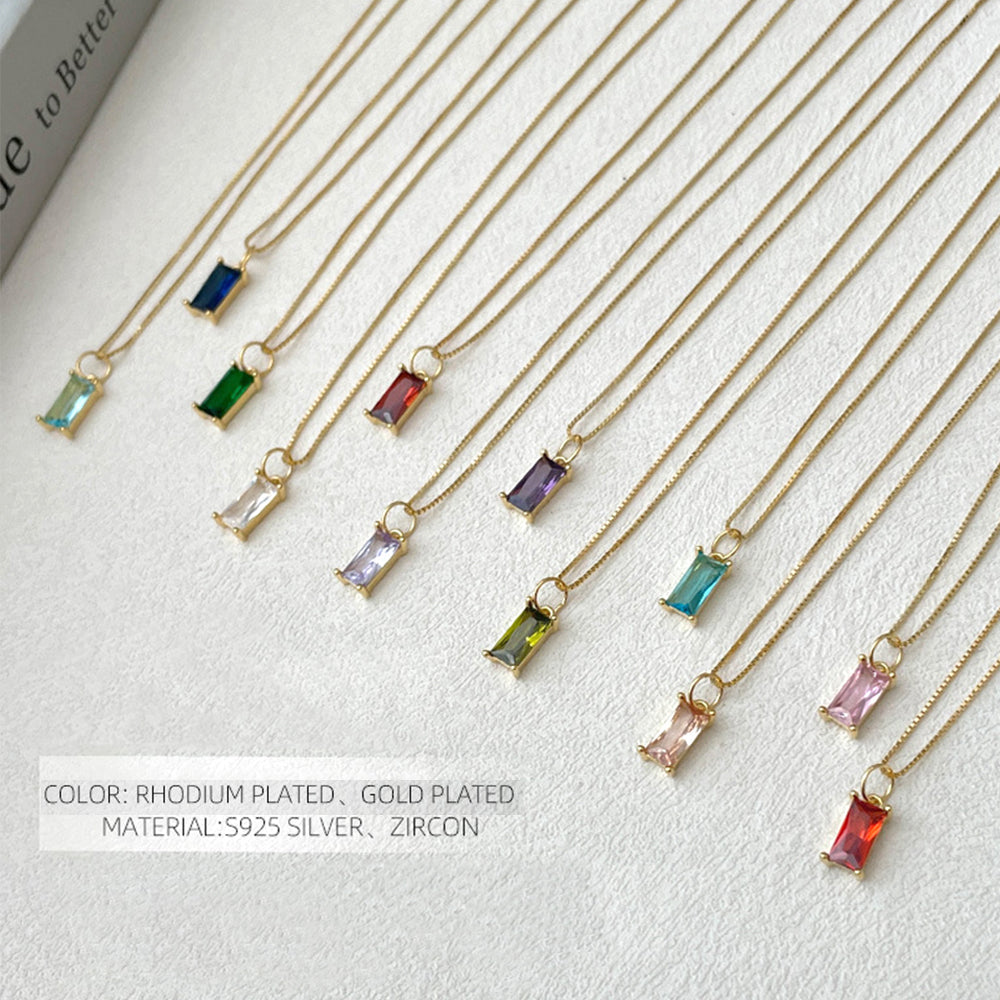 925 SilberPersonalisierte Geburtsstein kette – Minimalistisches funkelndem Zirkonia Rechteck – 12 Farben, stilvoll für jeden Anlass