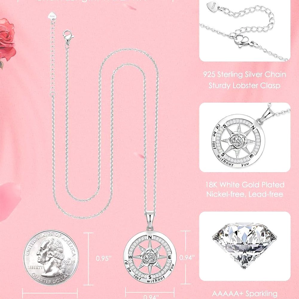 925 Silber Kompass Halskette mit Rose & Geburtsstein – Gravur „I’d be lost without you“, Geschenk zum Geburtstag & Abschluss