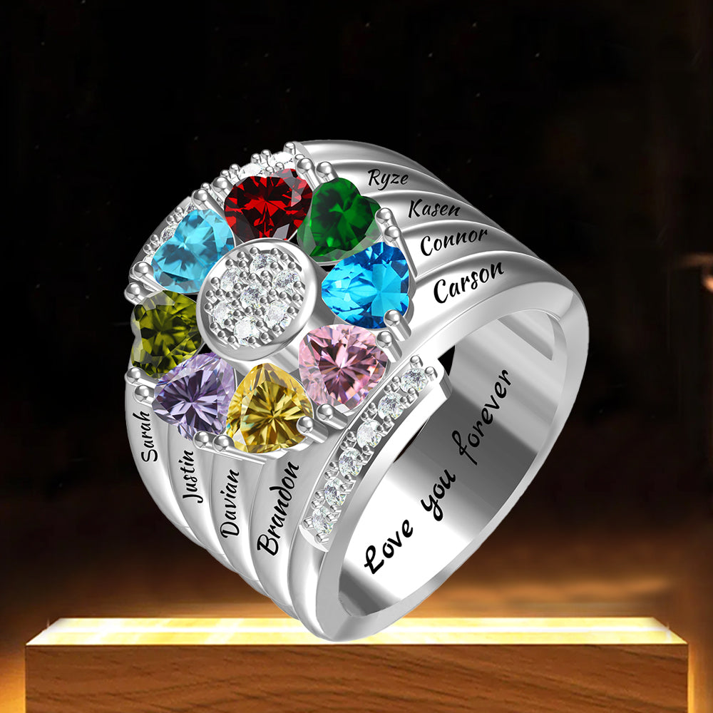 Personalisierter Geburtsstein Ring mit Gravur - Herz Blumen Kleeblatt, Heiratsantrag Freundschaftsring Familienring, Muttertag Geburtstagsgeschenk