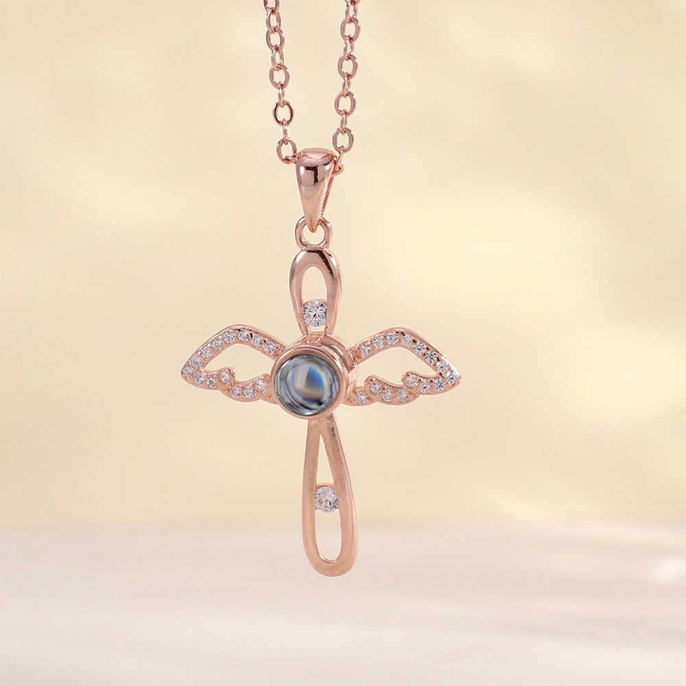 Personalisierte 925 Silber Engel Flügel Kreuz Kette mit Bild im Stein – Ein Foto Geschenk voller unendlicher Liebe