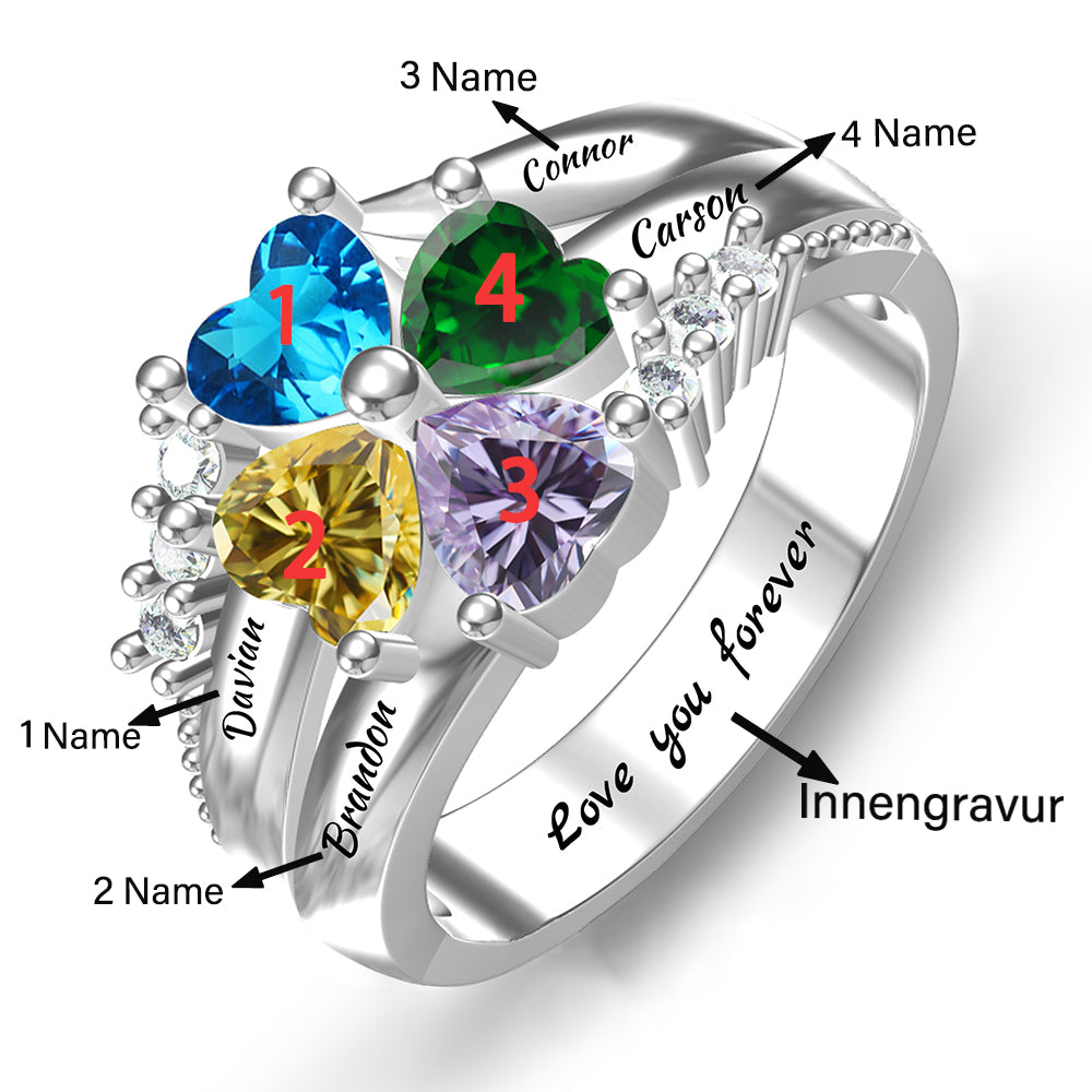 Personalisierter Geburtsstein Ring mit Gravur - Herz Blumen Kleeblatt, Heiratsantrag Freundschaftsring Familienring, Muttertag Geburtstagsgeschenk