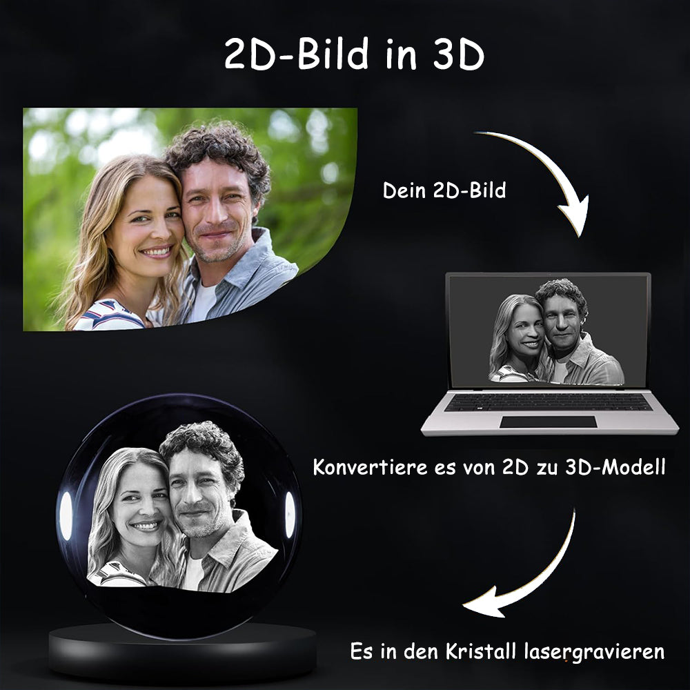 Kristall 3D Foto Glasball - Personalisierter 2D/3D Kristall mit Laser Gravur, 3D Glasfoto mit Leuchtsockel, 3D Kristall Erinnerung