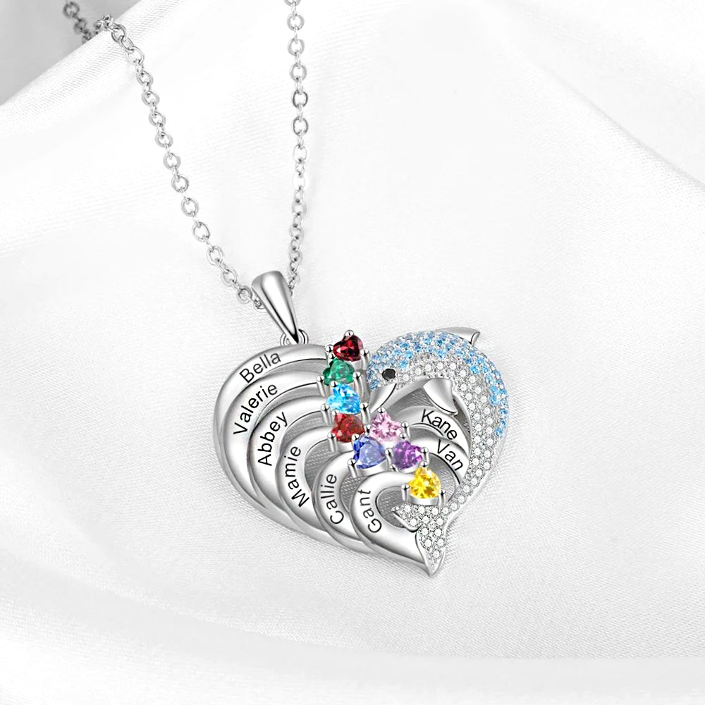Personalisierte Geburtssteinkette mit Namensgravur – Delfin jagt Wellen Herz Anhänger, Kreative Geschenke für Familie & Team