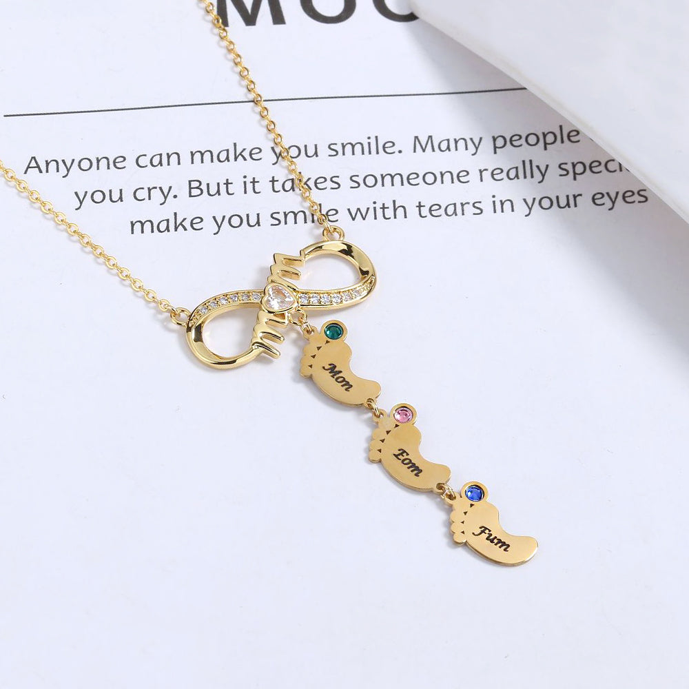 Personalisierte Namenskette mit Geburtsstein Unendlich Zeichen & Babyfuß Anhänger– Perfekte Geschenk für Mom Oma Sie