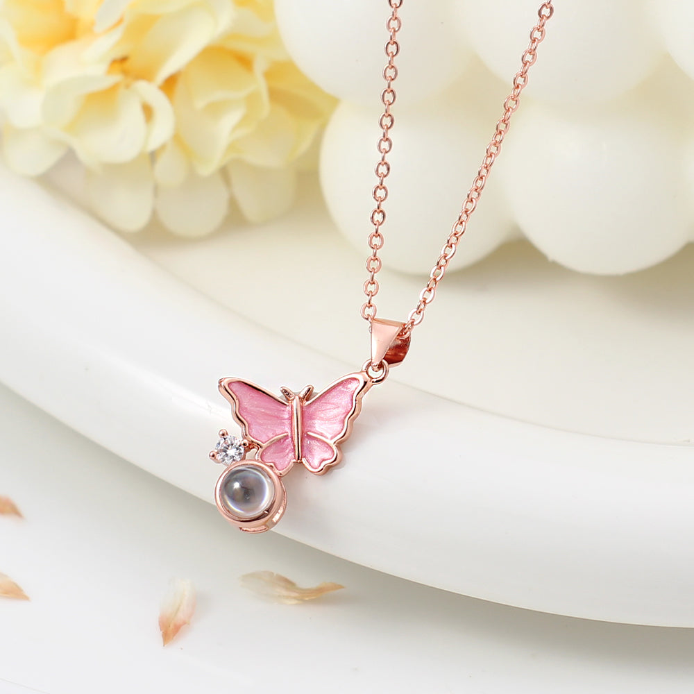 Personalisierte  Projektion Kette mit Foto drin im Stein - Emaille Schmetterling
