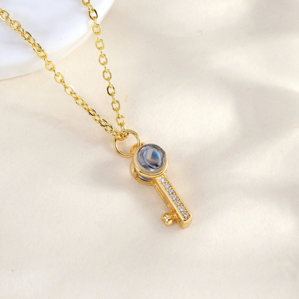 Personalisierte 925 Silber Herz Schlüssel Kette mit Bild im Stein - Ideale Fotogeschenk für Sie
